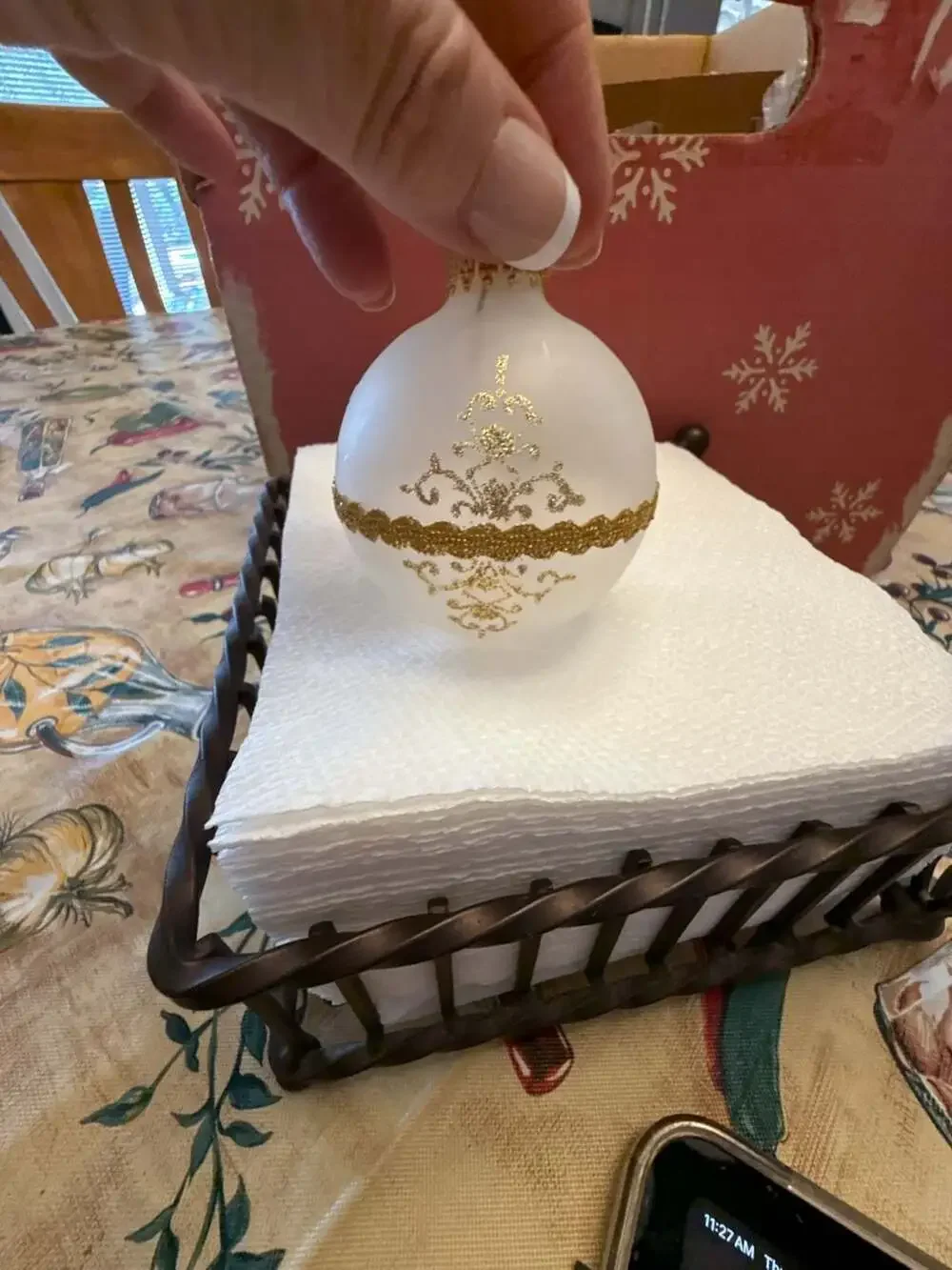 Vtg Krebs Frosted Glass Christmas Ornament with Gold Glitter and Pink Roses